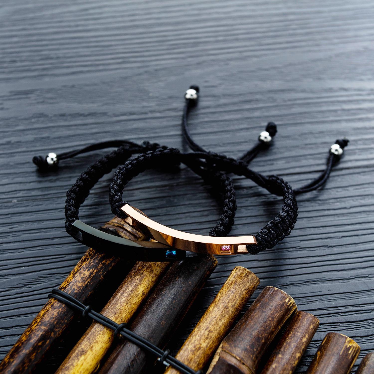 Engravable Unique Black And Rose Rope Chain Couple Bracelets In Titanium - CoupleSets