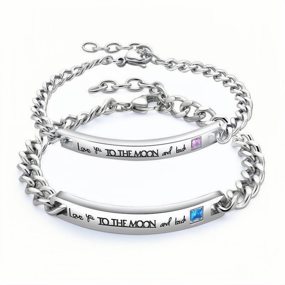Engravable Love You To The Moon And Back Matching Couple Bracelets In Titanium - CoupleSets