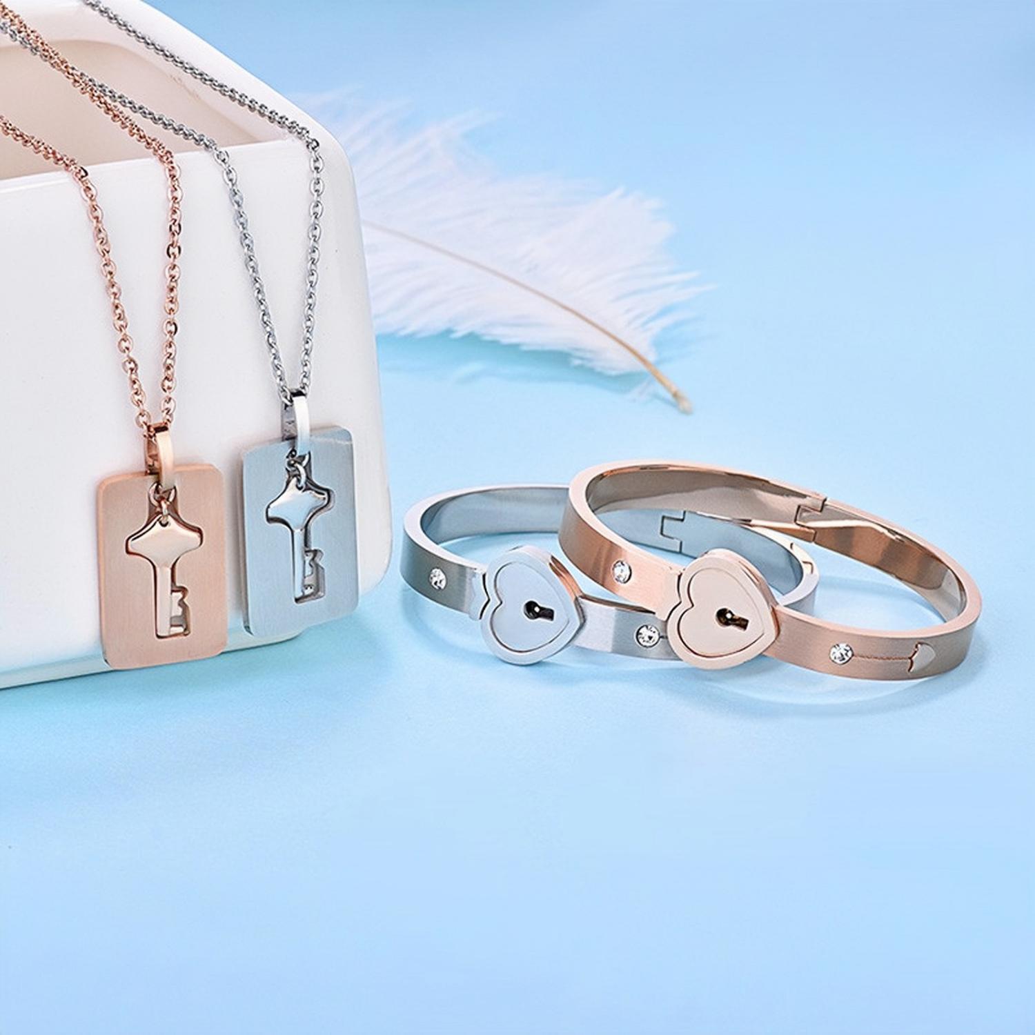 Unique Lock And Key Bracelet Necklace Set For Couples In Titanium - CoupleSets