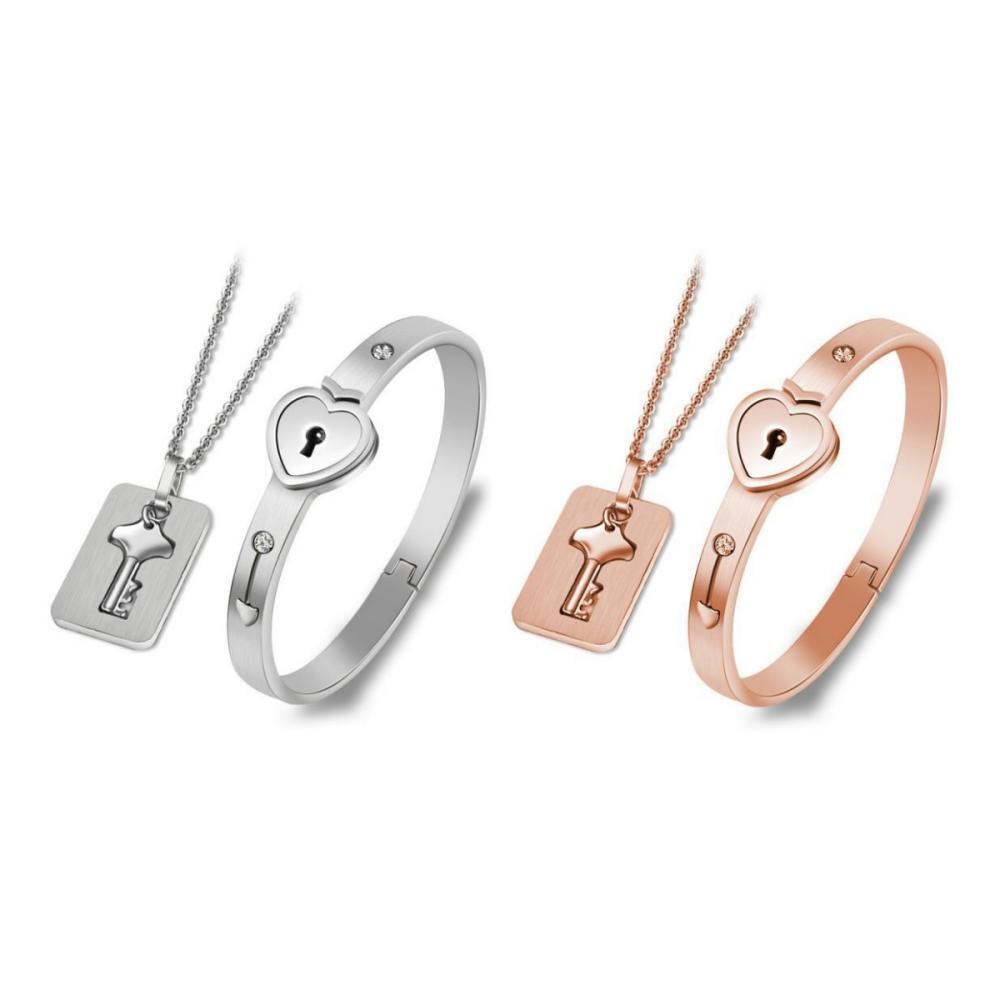 Unique Lock And Key Bracelet Necklace Set For Couples In Titanium - CoupleSets