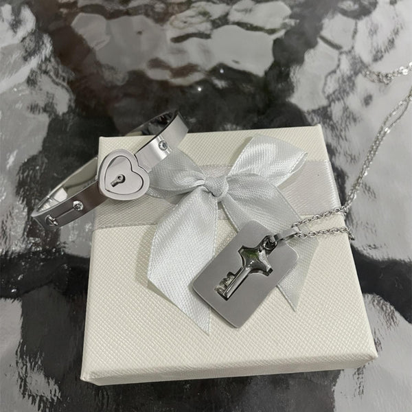 Unique Lock And Key Bracelet Necklace Set For Couples In Titanium CoupleSets