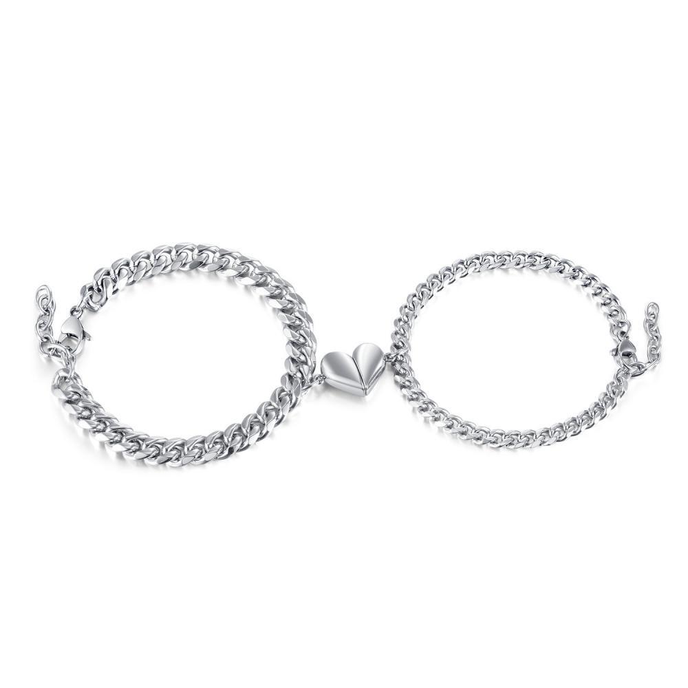 Unique Matching Heart Charm Magnetic Bracelet For Couples In Titanium - CoupleSets