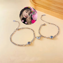 Magnetic Heart Charm Matching Photo Projection Couple Bracelets In Titanium