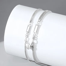 Engravable Magnetic Heart Charm Couple Bracelets In Sterling Silver