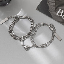 Magnetic Heart Double Layer Cuban Chain Couple Bracelets In Titanium
