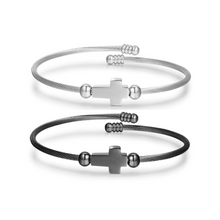 Engravable Religious Cross Cable Wire Couple Bangle Bracelets