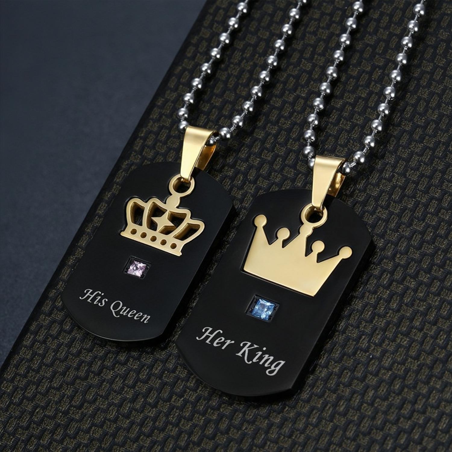 Engravable Her King His Queen Necklace For Couples In Titanium - CoupleSets