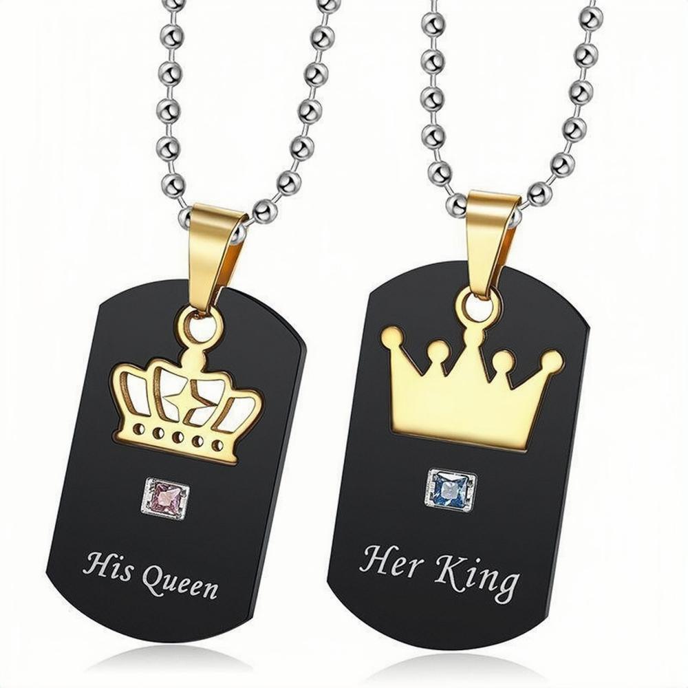 Engravable Her King His Queen Necklace For Couples In Titanium - CoupleSets