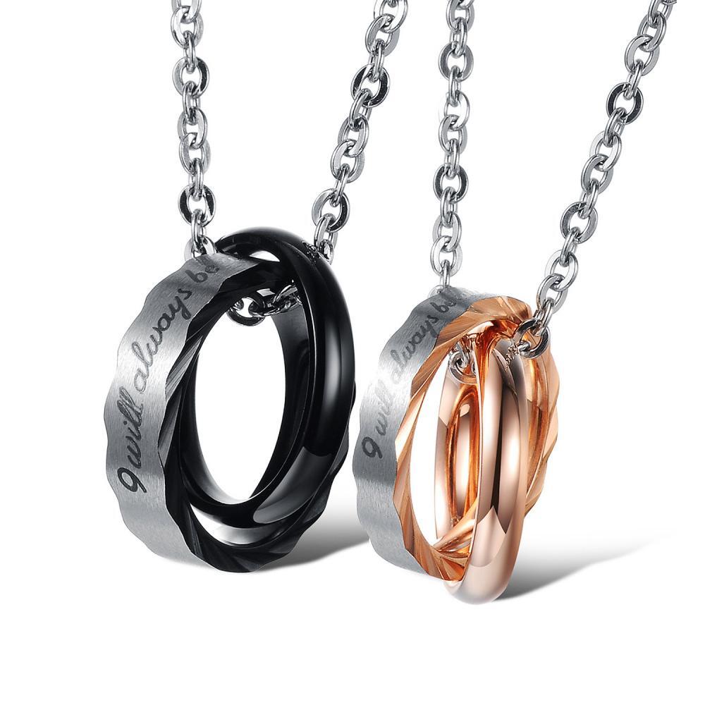 I Will Always Be With You Matching Interlocking Rings Couple Necklaces In Titanium - CoupleSets