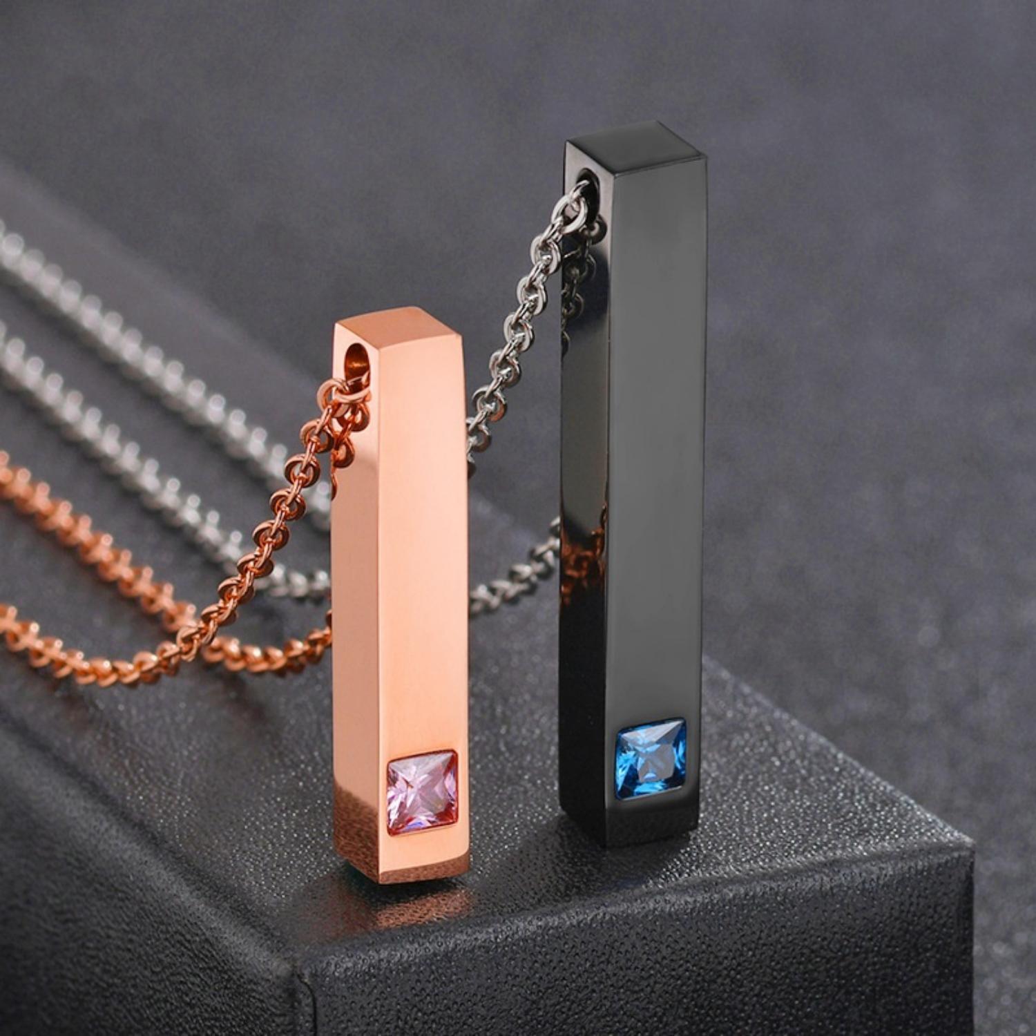 Engravable Black And Rose Matching Bar Couple Necklaces In Titanium - CoupleSets