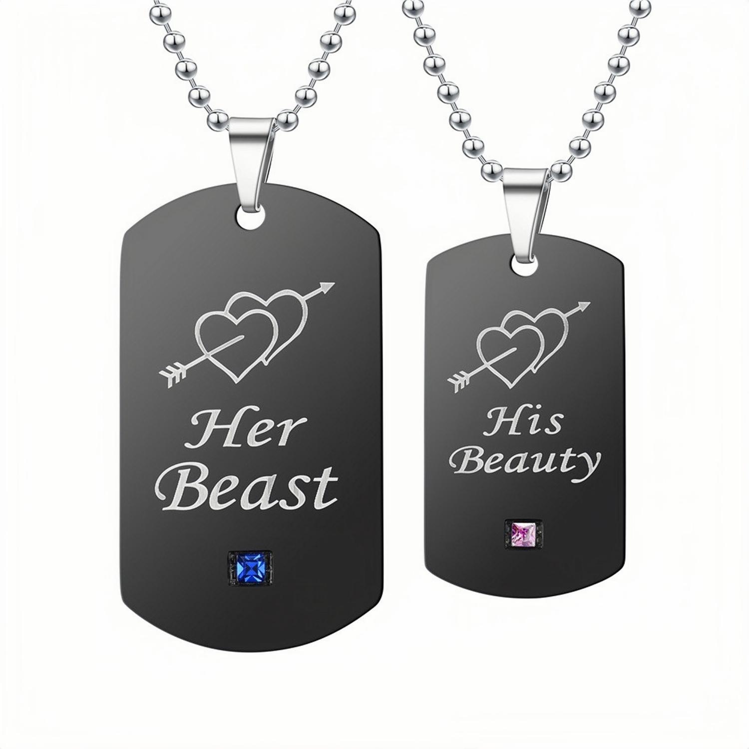 Engravable Her Beast His Beauty Matching Couple Necklaces In Titanium - CoupleSets