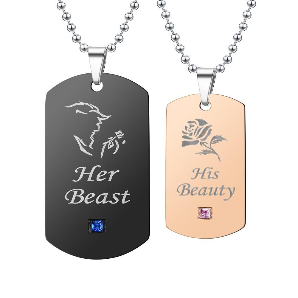 Engravable Her Beast His Beauty Matching Couple Necklaces In Titanium - CoupleSets