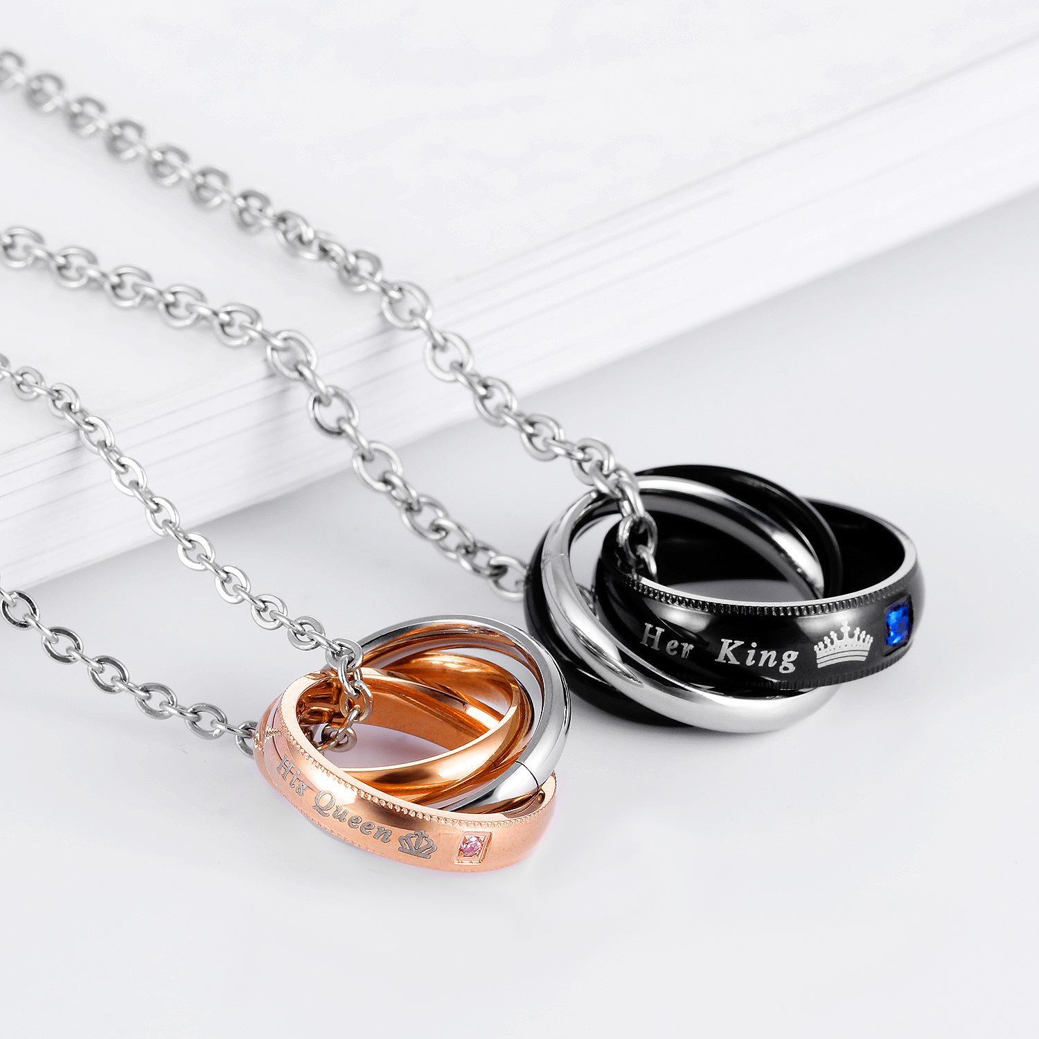 Unique Her King His Queen Interlocking Ring Couple Necklaces In Titanium - CoupleSets