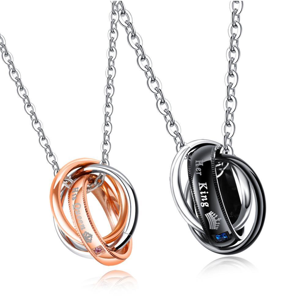 Unique Her King His Queen Interlocking Ring Couple Necklaces In Titanium - CoupleSets