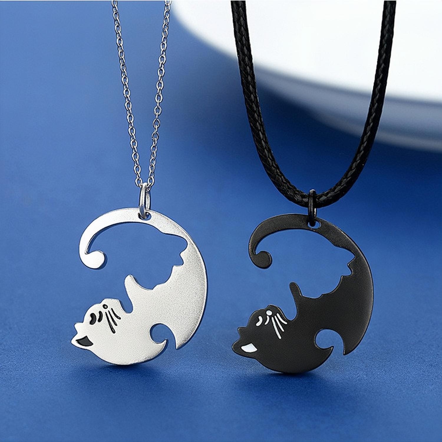 Engravable Cute Cat Matching Couple Necklaces In Sterling Silver - CoupleSets