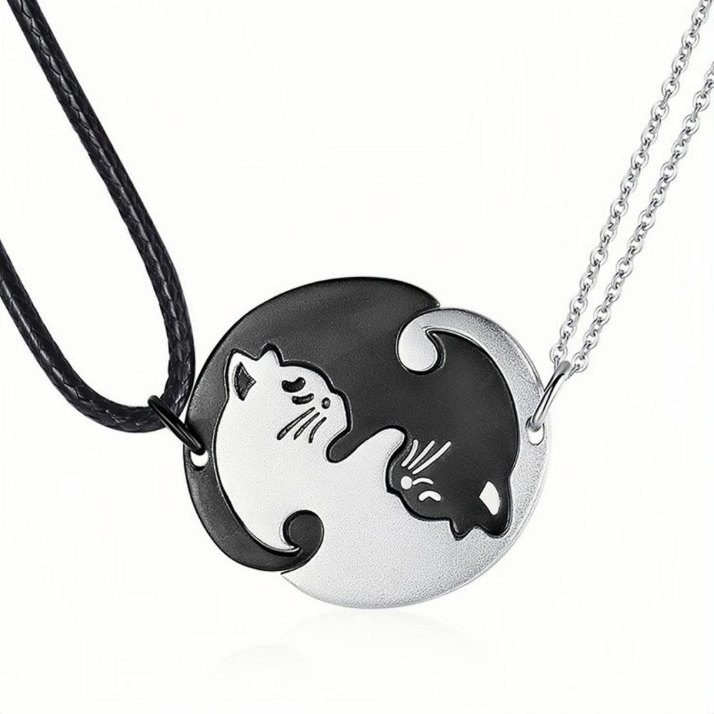 Engravable Cute Cat Matching Couple Necklaces In Sterling Silver - CoupleSets