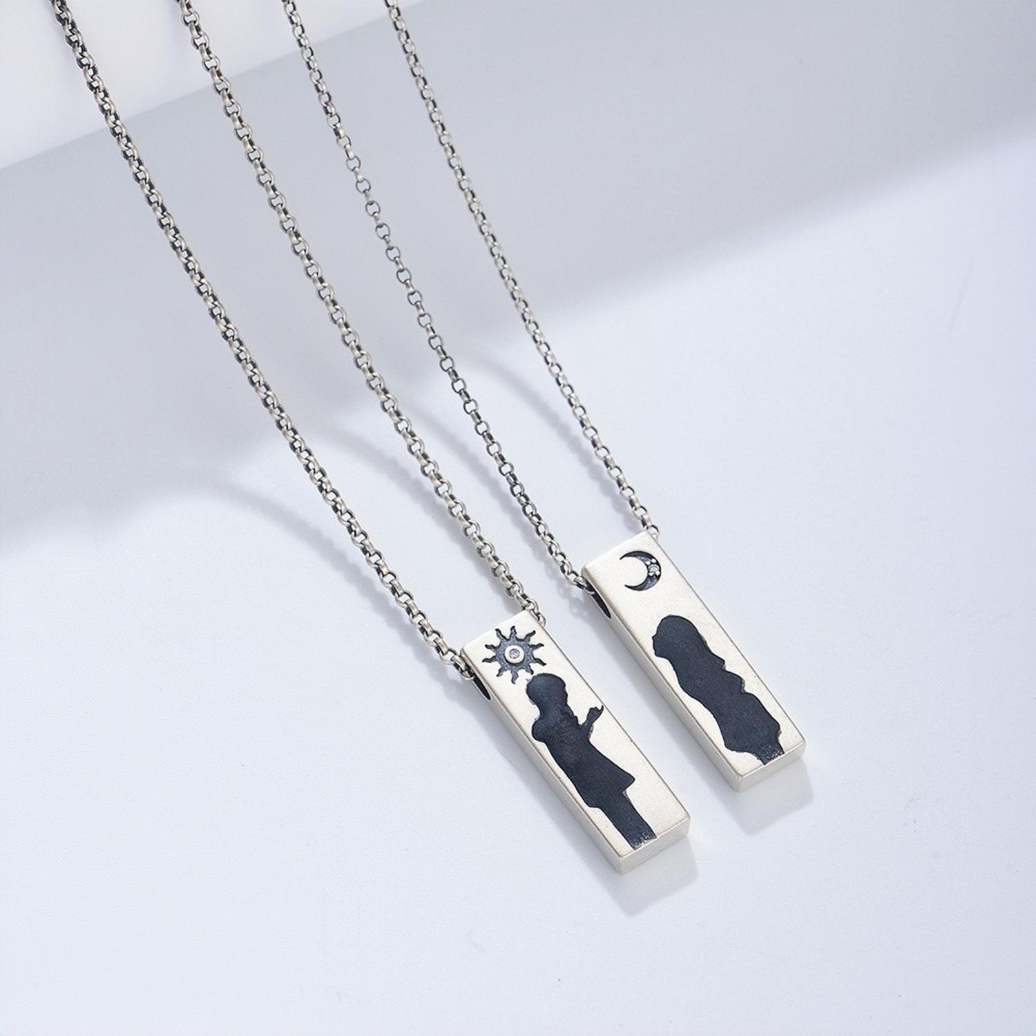 Engravable Sun And Moon Matching Bar Couple Necklaces In Sterling Silver - CoupleSets