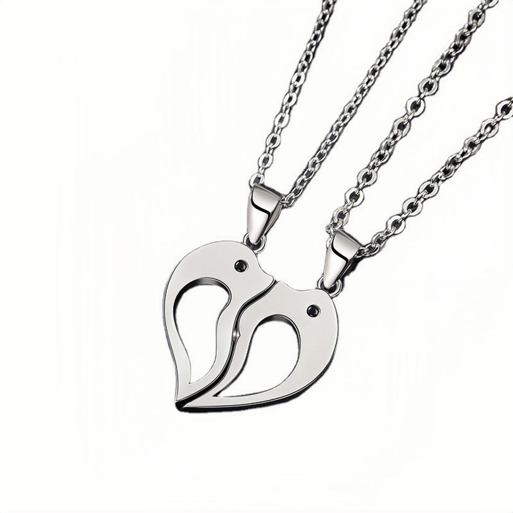 Engravable Cute Dolphin Matching Heart Couple Necklaces In