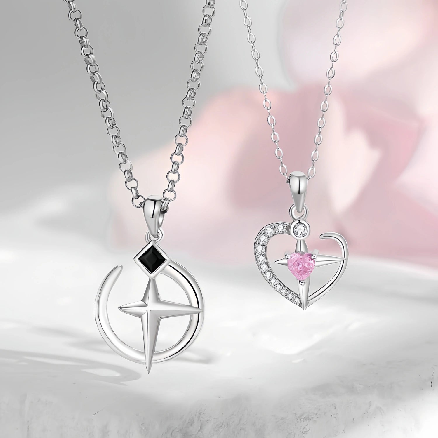 Unique Cross Star Matching Heart Couple Necklaces In Sterling Silver