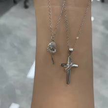 Engravable Cross And Rose Matching Couple Necklaces In Sterling Silver