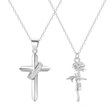 Engravable Cross And Rose Matching Couple Necklaces In Sterling Silver