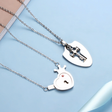Engravable Cross And Heart Lock And Key Couple Necklaces In Titanium