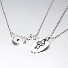 Engravable Cross And Heart Lock And Key Couple Necklaces In Titanium