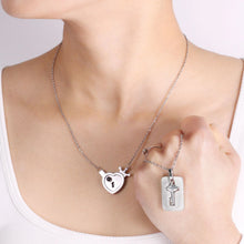 Engravable Cross And Heart Lock And Key Couple Necklaces In Titanium