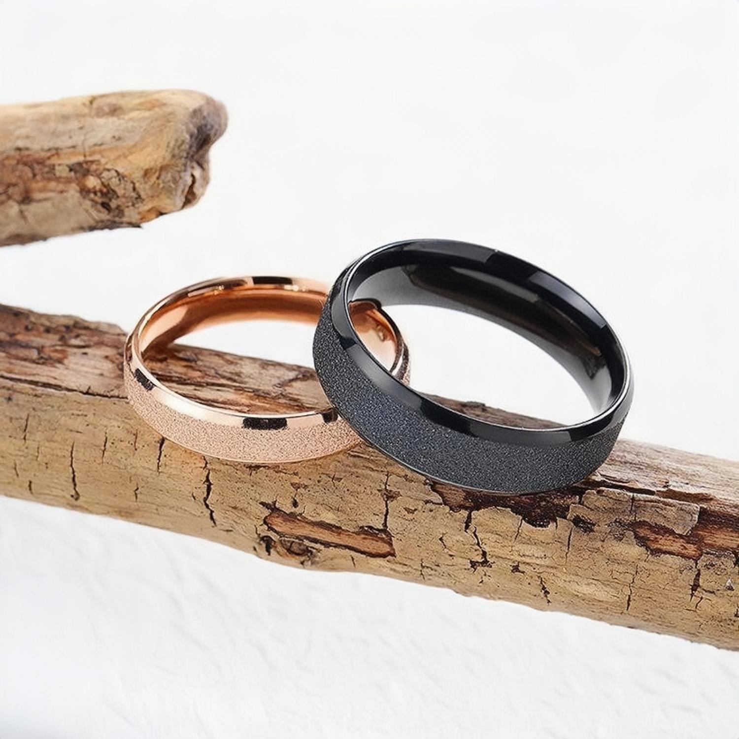 Black And Rose Frosted Couple Rings In Titanium - CoupleSets