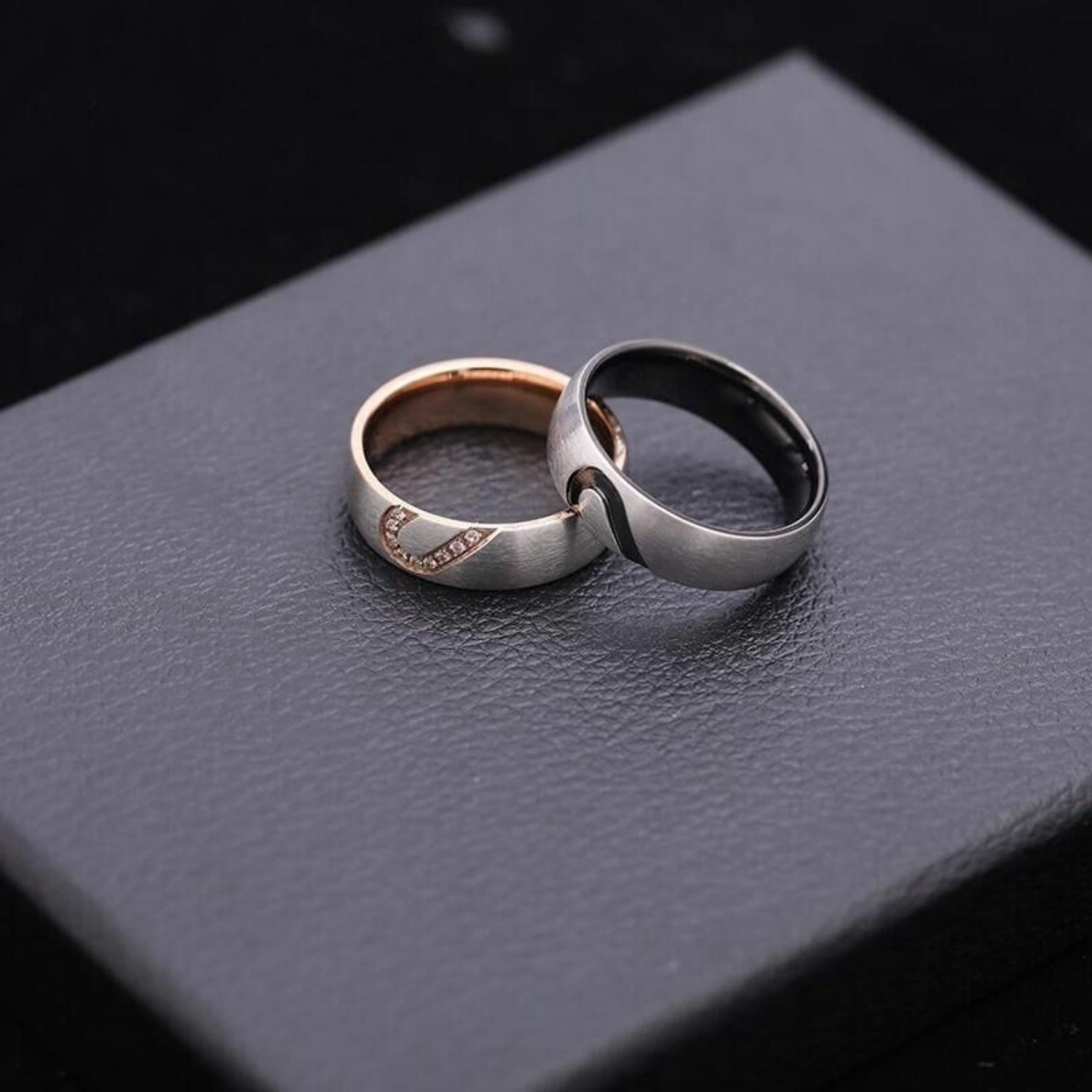 Black And Rose Matching Heart Rings For Couples In Titanium Steel - CoupleSets