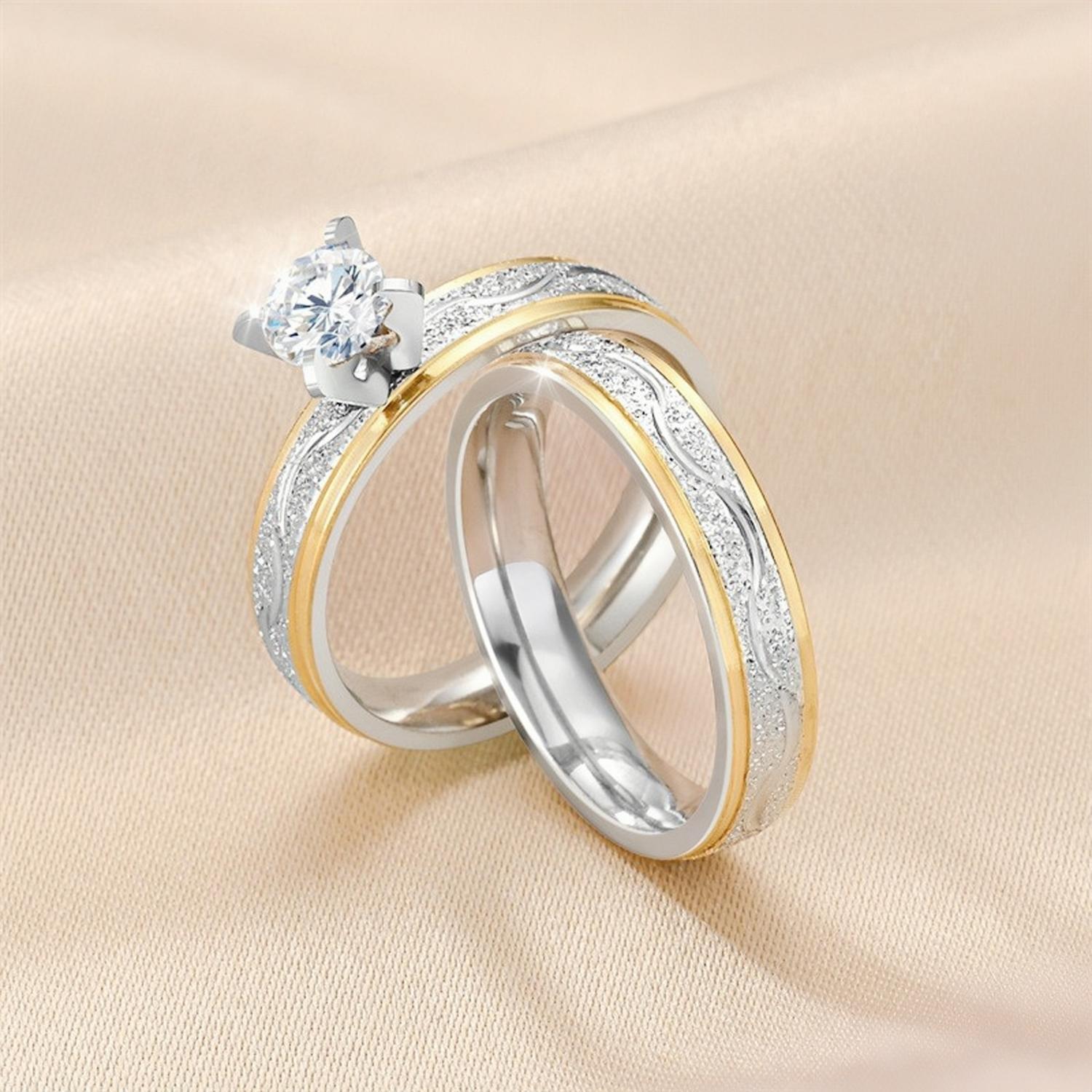 Yellow And Silver Two-Tone Solitaire Couple Rings In Titanium - CoupleSets