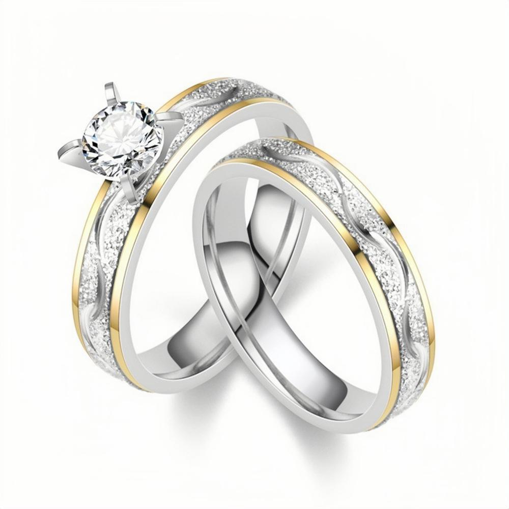 Yellow And Silver Two-Tone Solitaire Couple Rings In Titanium - CoupleSets