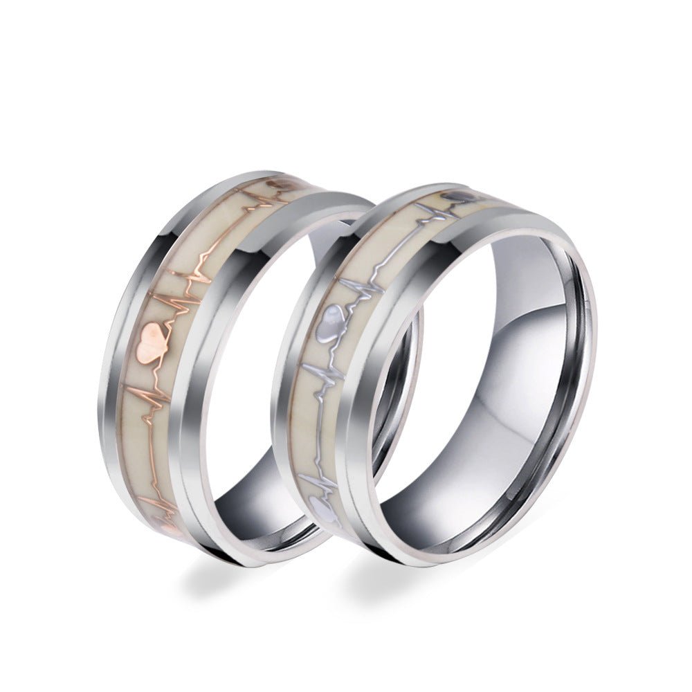 Timant Heart Set Engravable Luminous Heartbeat Couple Promise Ring Set In Titanium ...