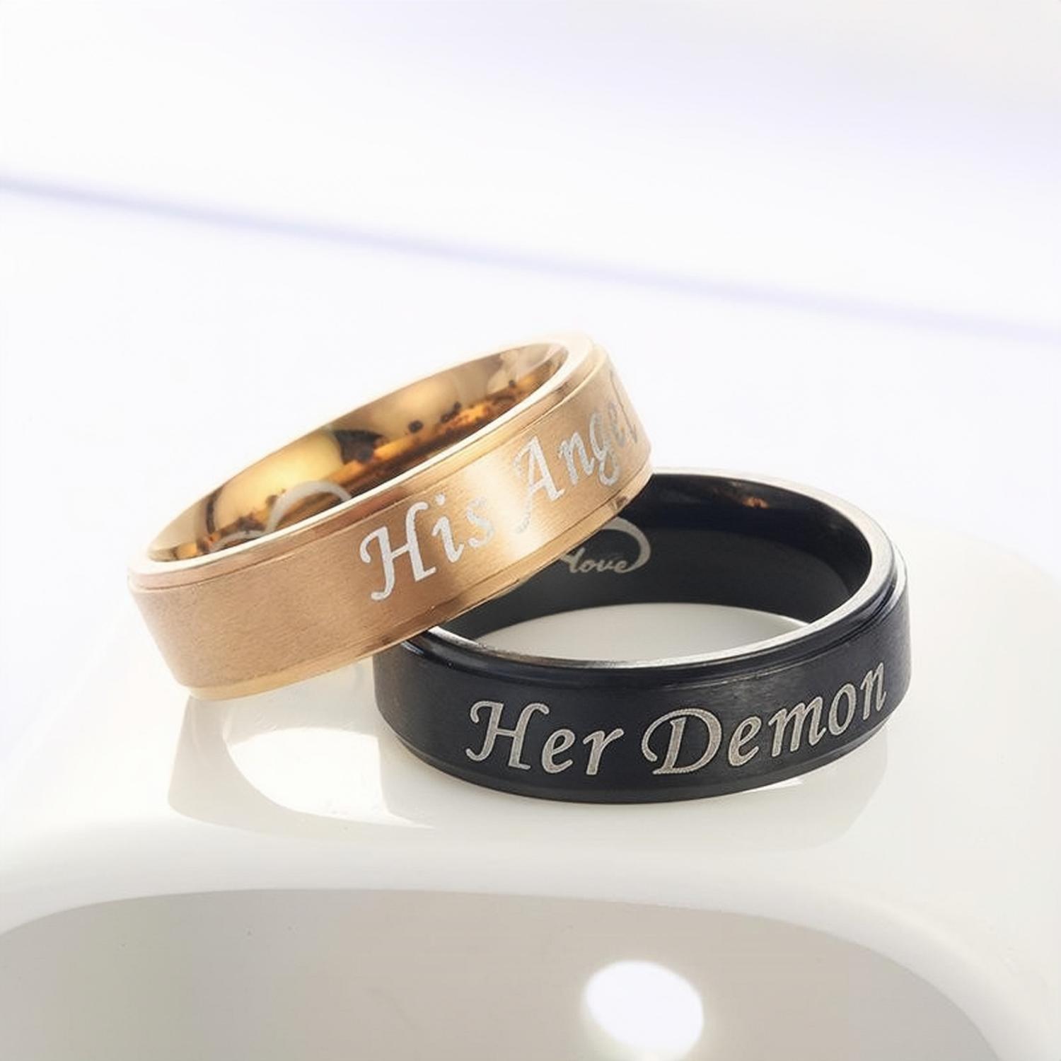 Unique Her Demon His Angel Promise Rings For Couples In Titanium - CoupleSets