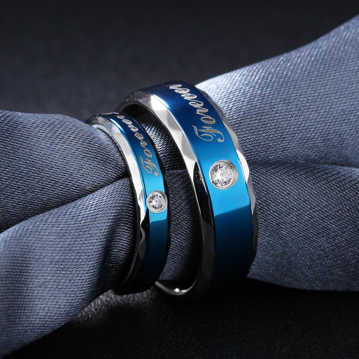 Color Couple Rings Engravable Blue Forever Love Promise Rings For Couples In Titanium ...