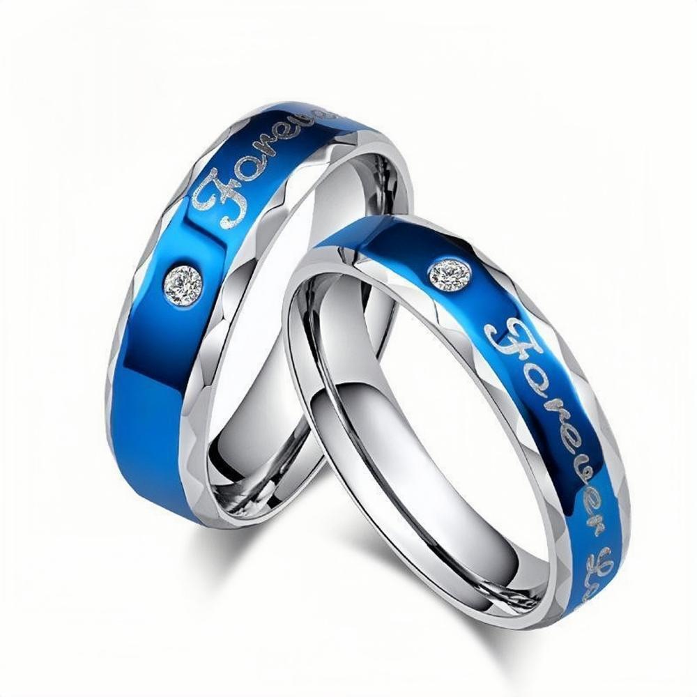 Engravable Blue Forever Love Promise Rings For Couples In Titanium - CoupleSets