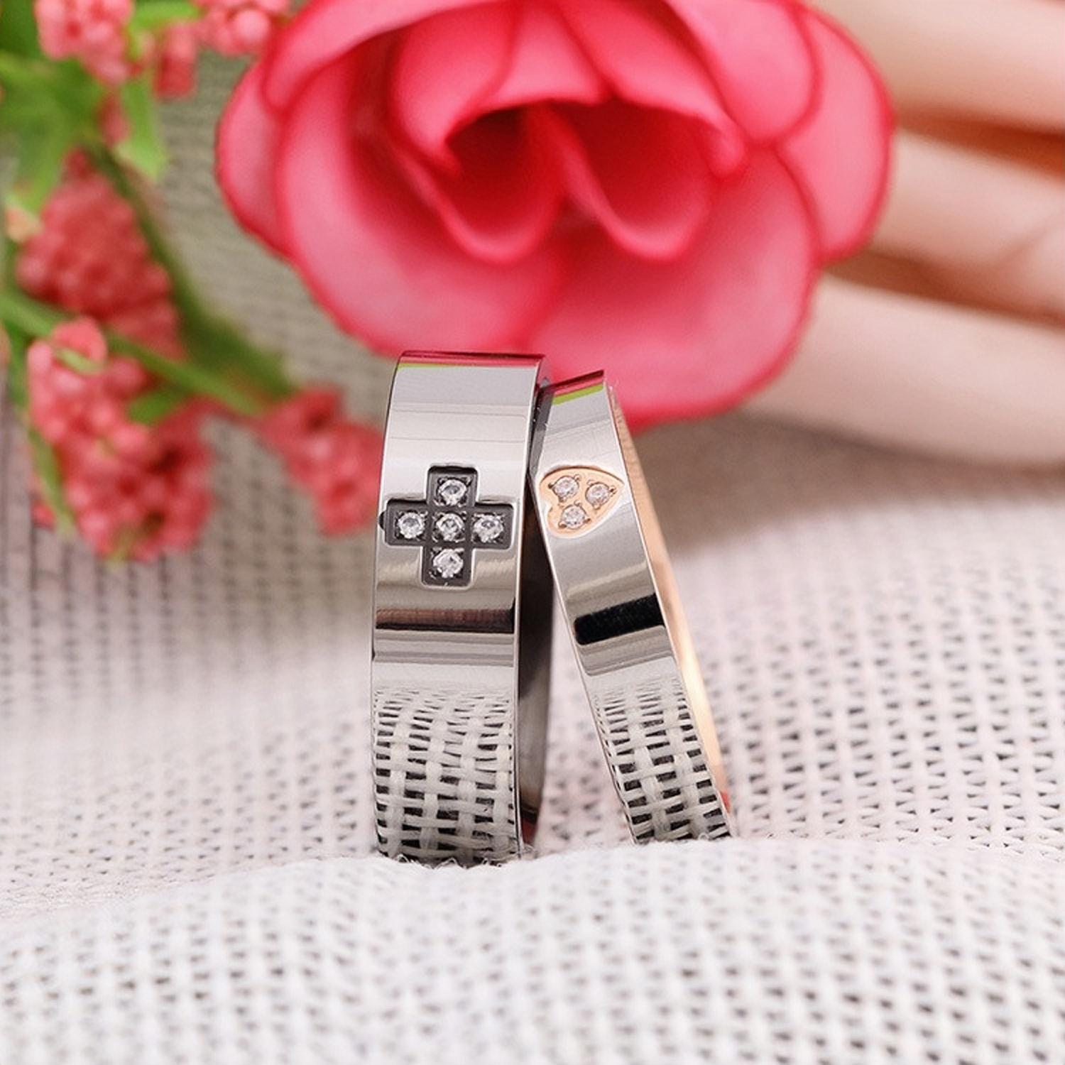 Engravable Cross And Heart Couple Rings Set In Titanium - CoupleSets