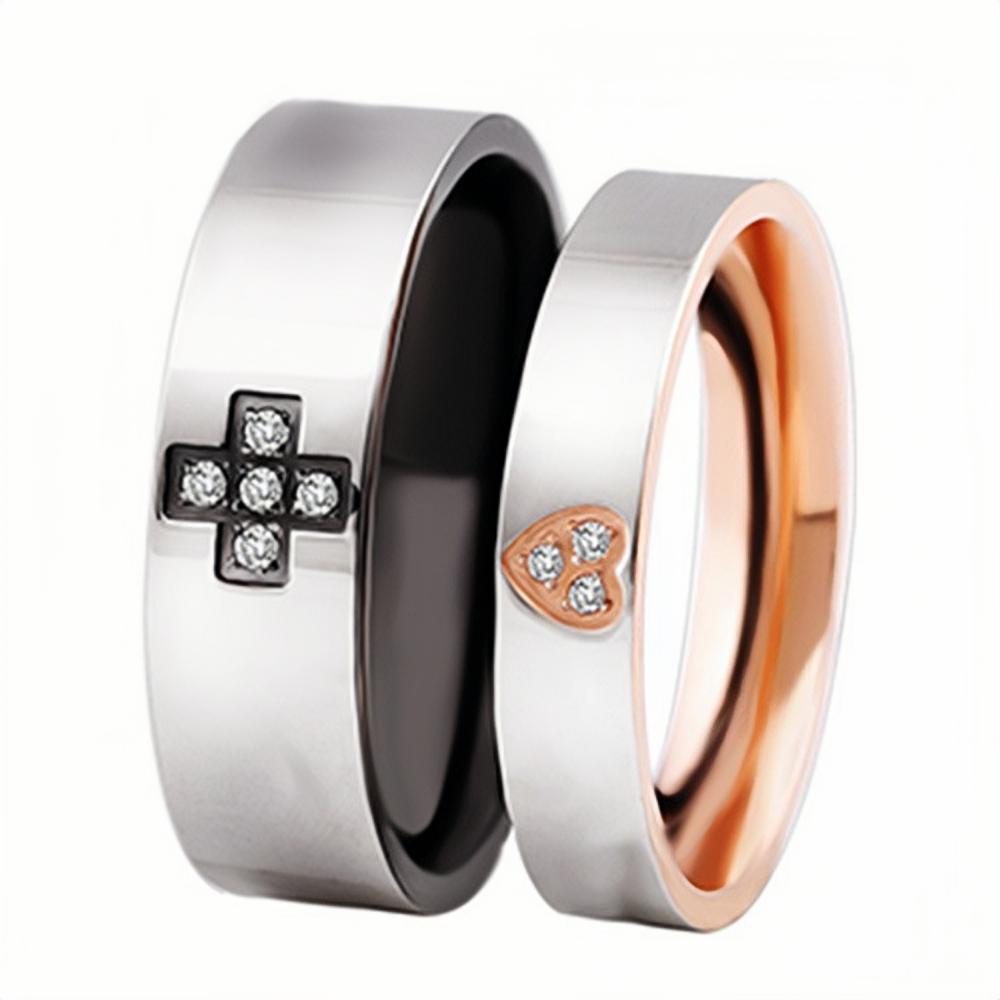 Engravable Cross And Heart Couple Rings Set In Titanium - CoupleSets