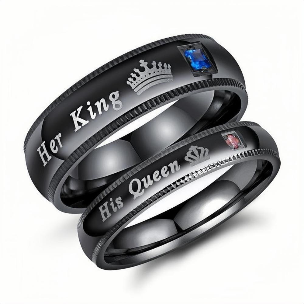 Black Her King His Queen Matching Promise Rings For Couples In Titanium - CoupleSets