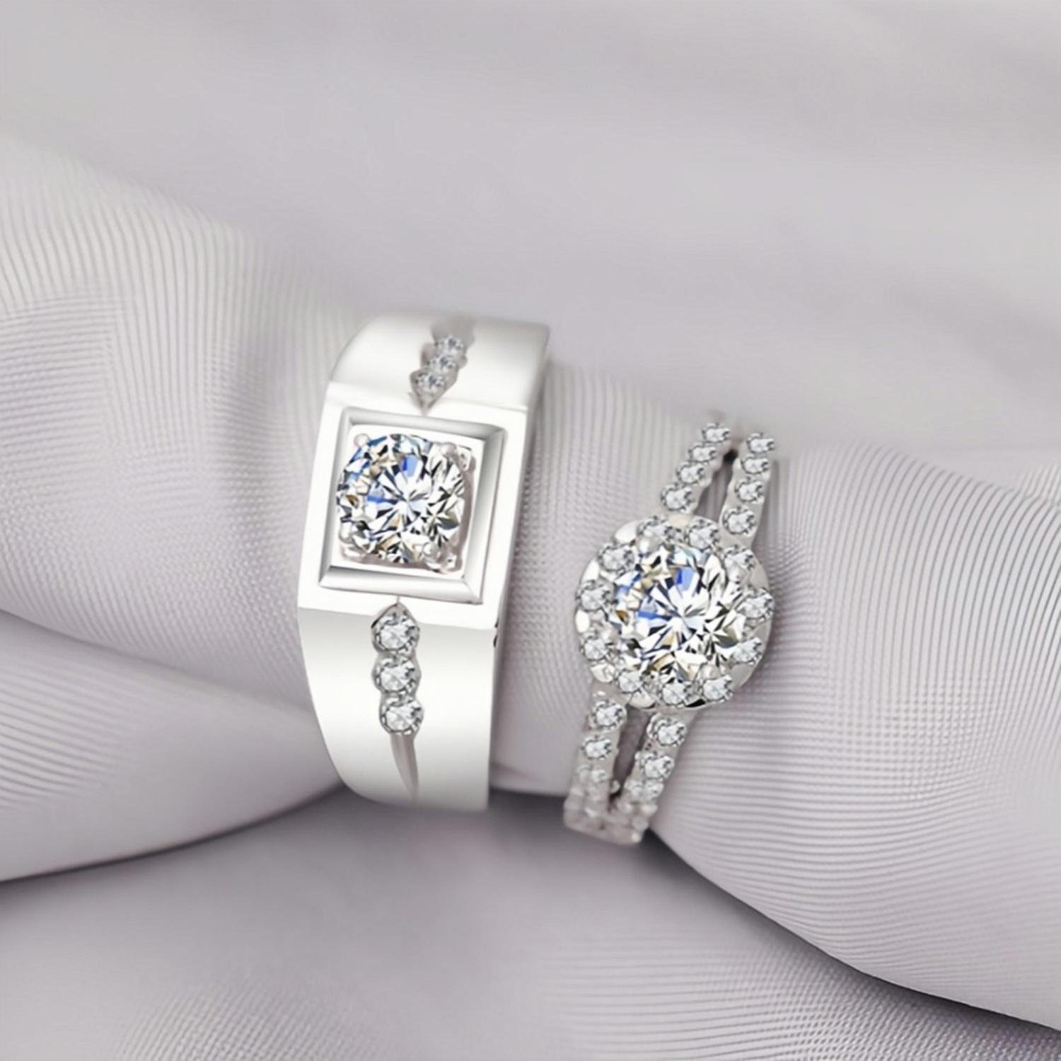 Engravable Solitaire with Side Accent Promise Rings For Couples In Sterling Silver - CoupleSets