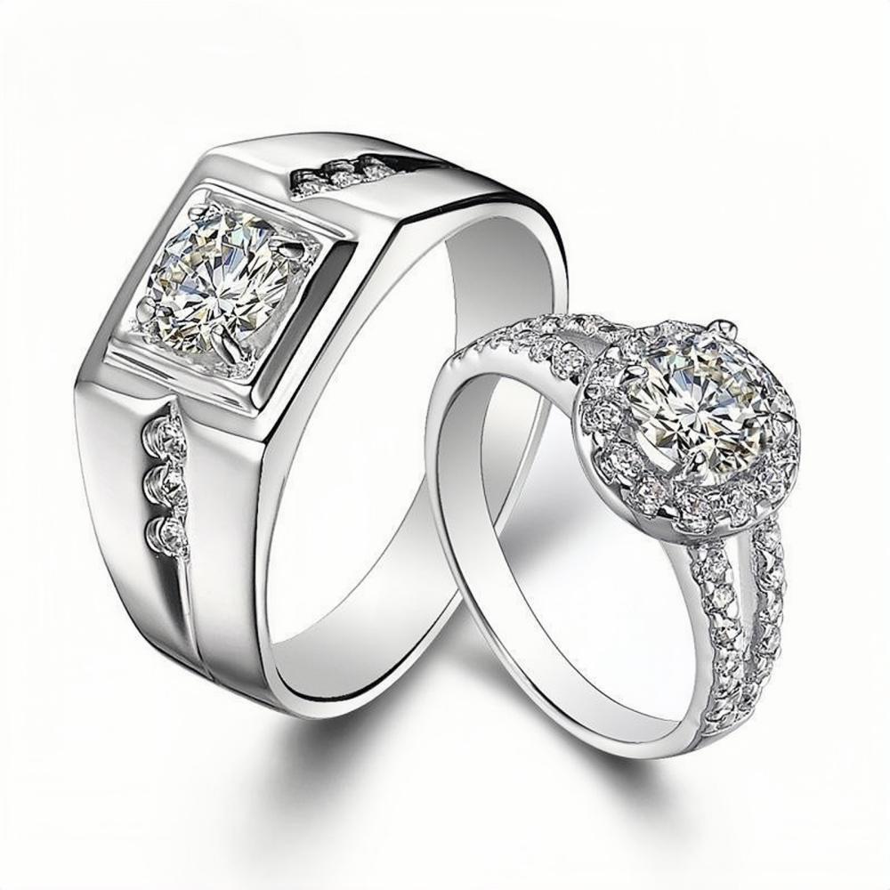Engravable Solitaire with Side Accent Promise Rings For Couples In Sterling Silver - CoupleSets