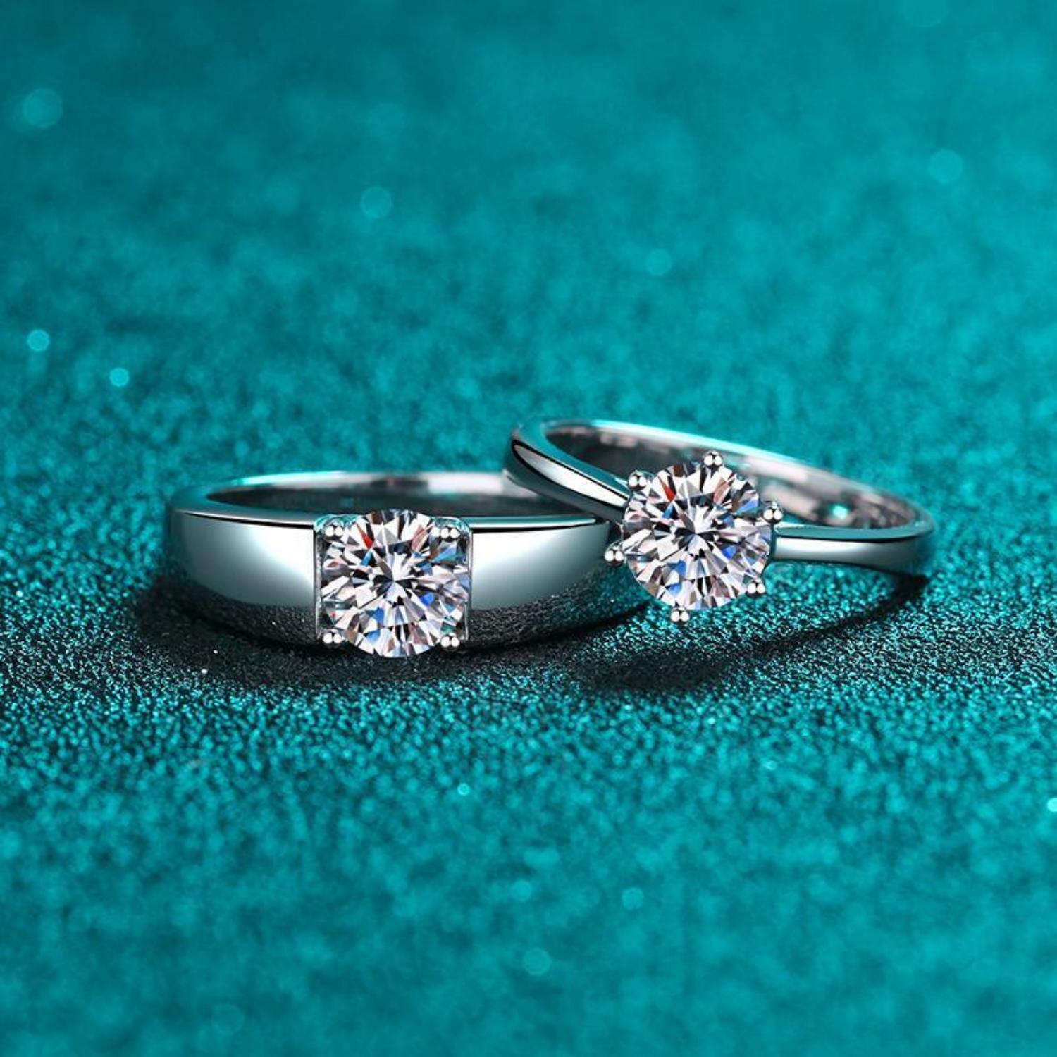 Engravable Solitaire Moissanite Promise Rings For Couples In Sterling Silver - CoupleSets