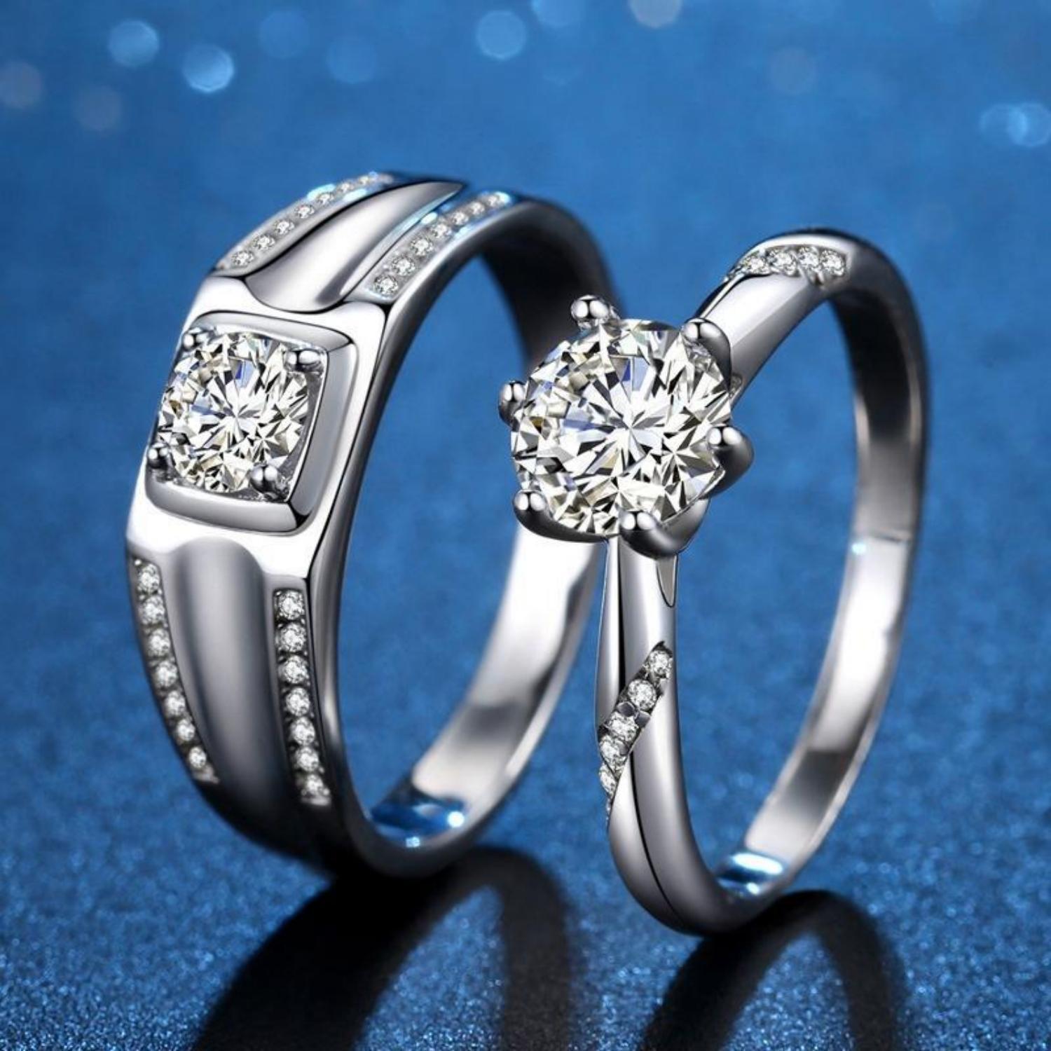 Engravable Matching Moissanite Wedding Band Sets In Sterling Silver - CoupleSets