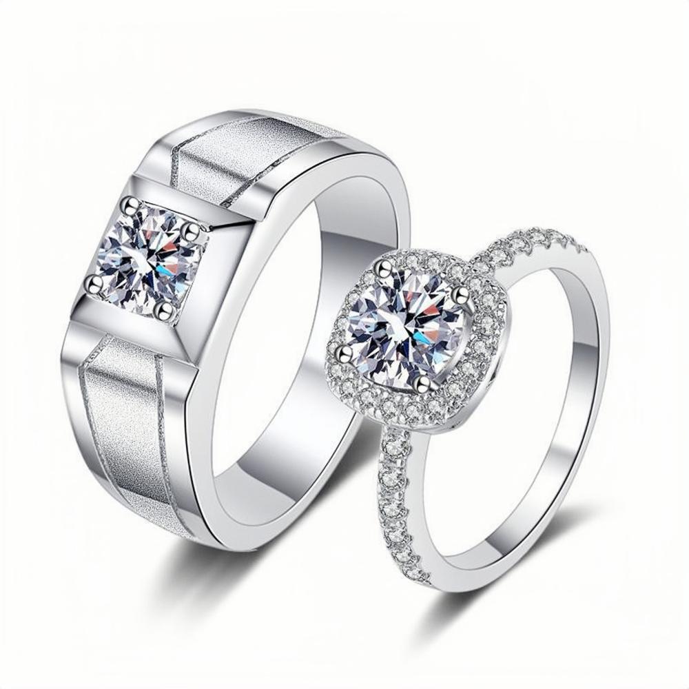 Engravable Matching Moissanite Wedding Rings For Couples In Sterling Silver - CoupleSets