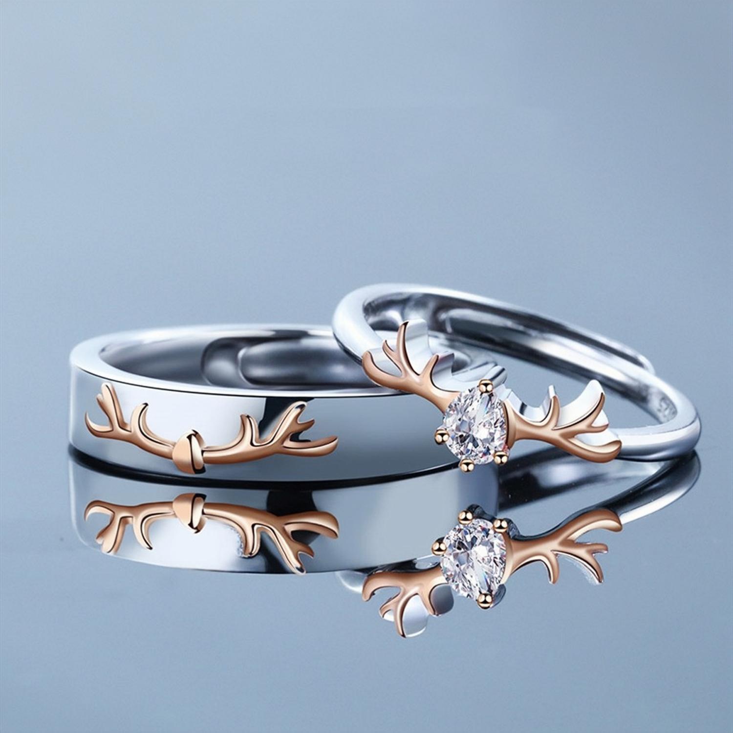 Adjustable Cute Elk Promise Rings For Couples In Sterling Silver - CoupleSets