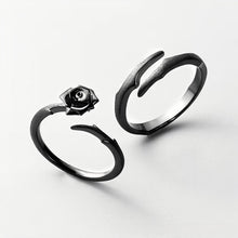 Adjustable Black Thorn And Rose Matching Couple Rings In Sterling Silver - CoupleSets
