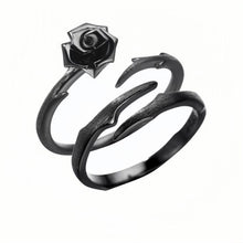 Adjustable Black Thorn And Rose Matching Couple Rings In Sterling Silver - CoupleSets