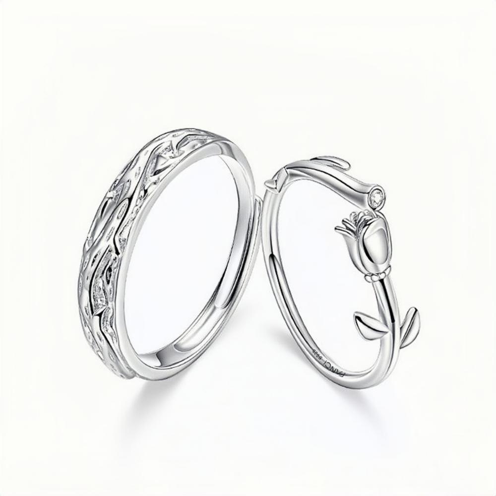 Adjustable Thorn And Rose Matching Couple Rings In Sterling Silver - CoupleSets