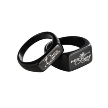 Engravable Her King His Queen Titanium Black Signet Rings For Couples