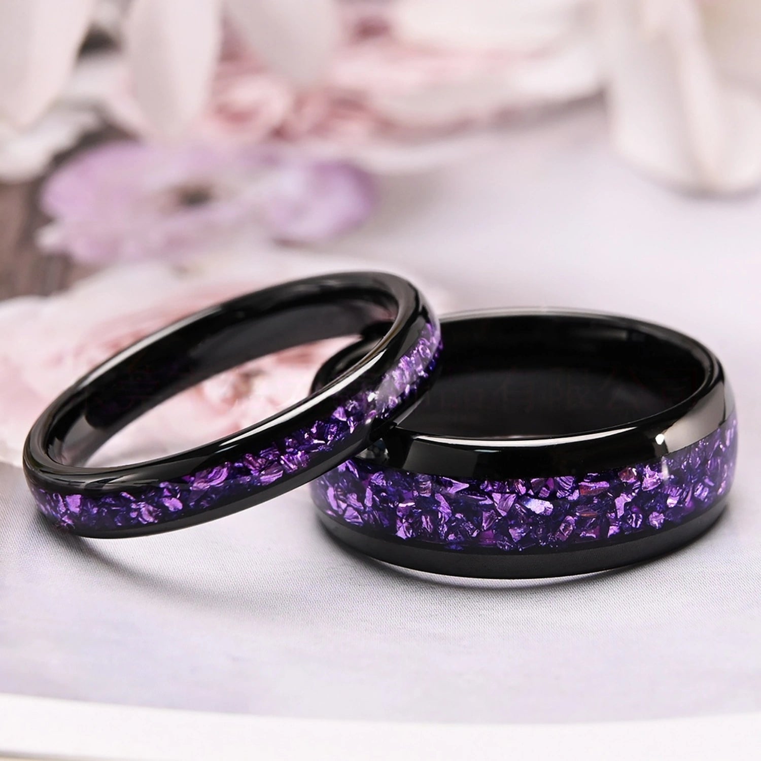 Color Couple Rings Engravable Black And Purple Two Tone Tungsten Couple Wedding Bands